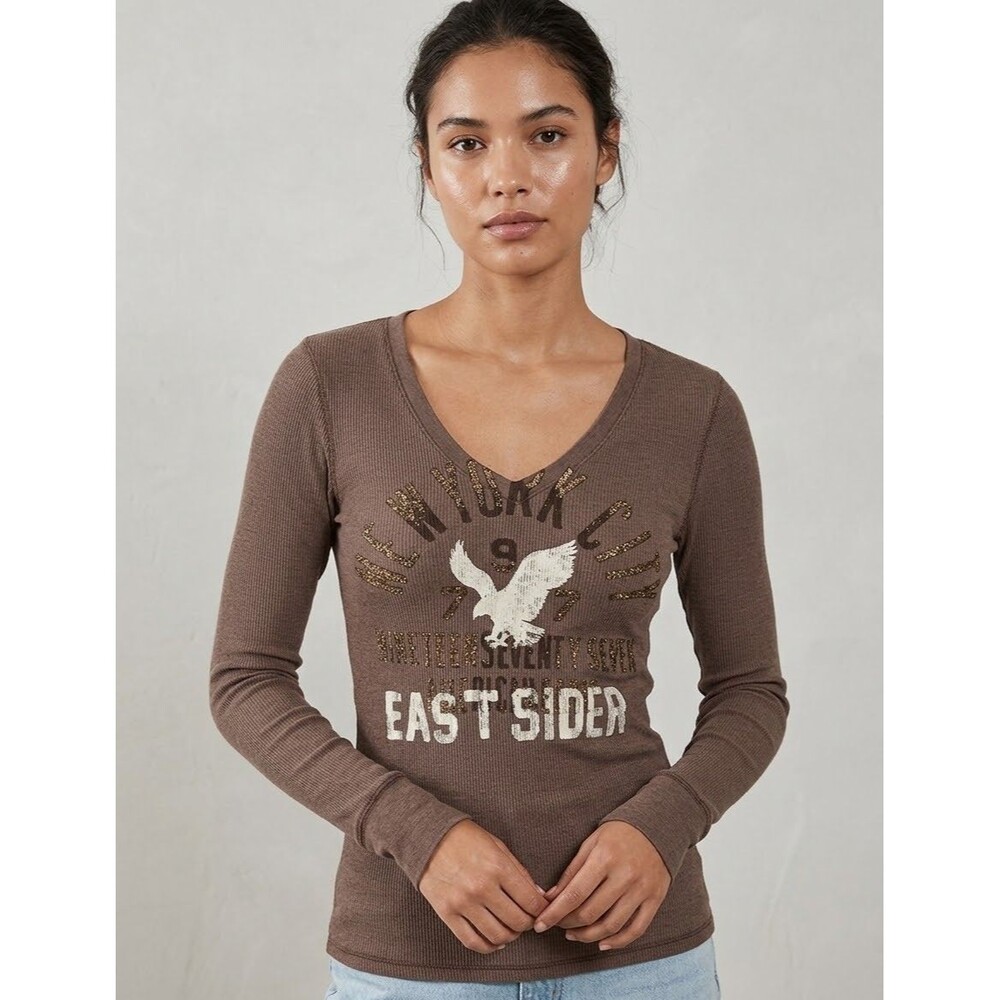 Vintage Y2K American Eagle Graphic Thermal Long Sleeve Brown Women L Glitter NWT
